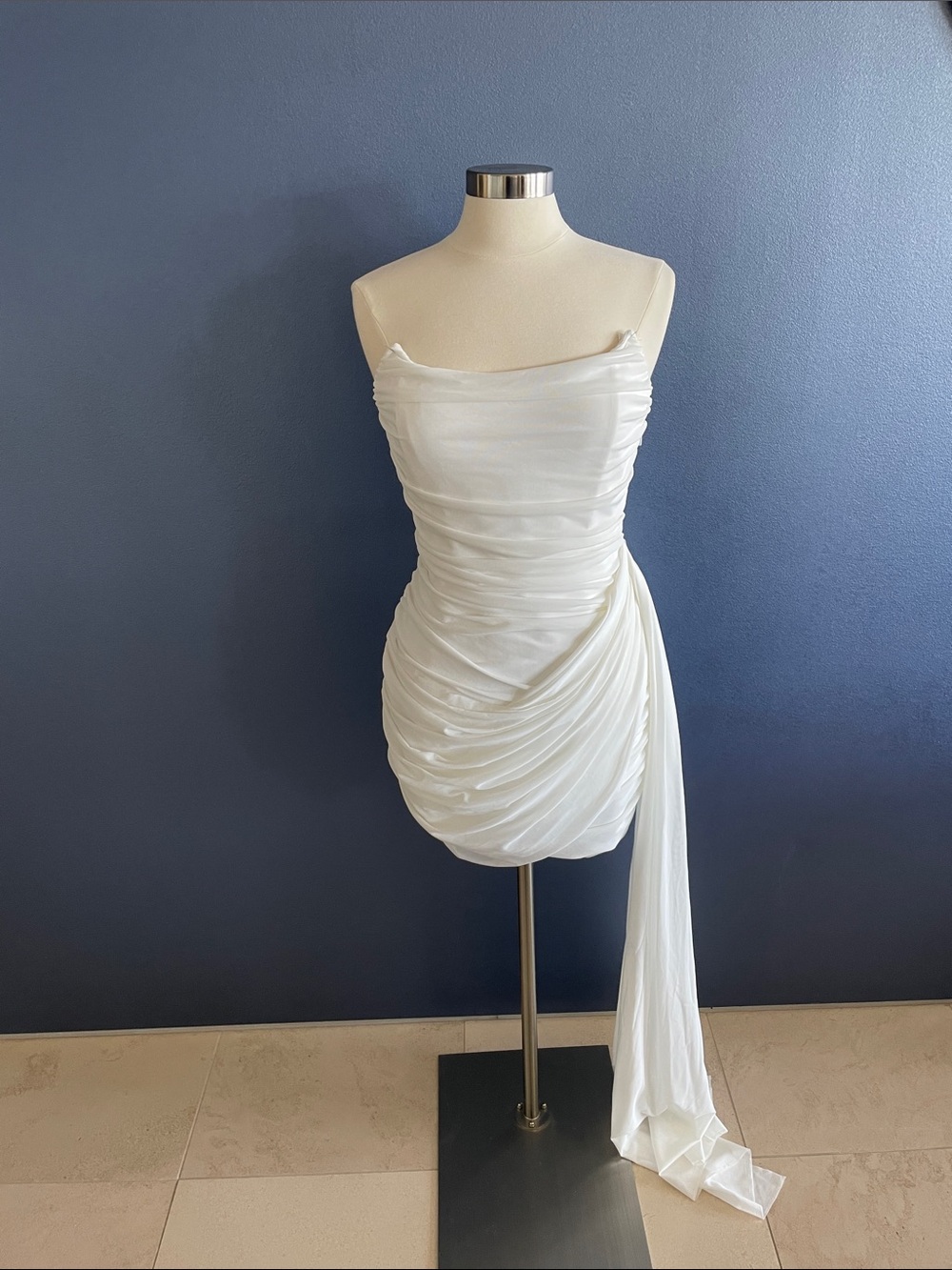 Elliatt White Strapless Ruched Mini Dress with Side Cascade